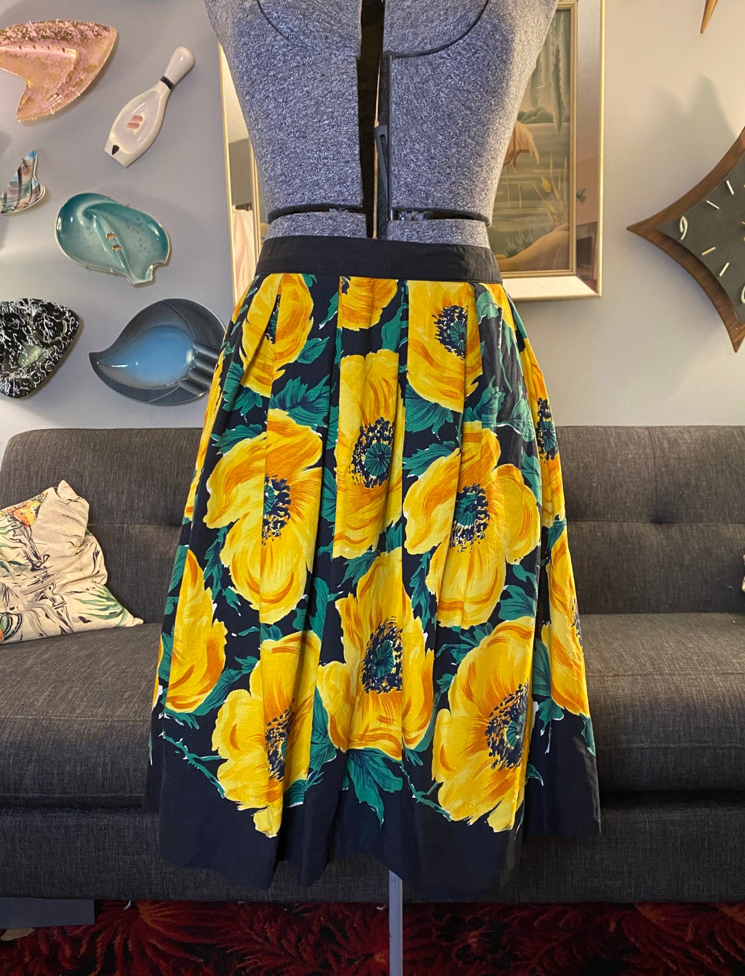 Vintage Box Pleat Skirt Novelty Print Yellow Poppies Small Etsy Canada