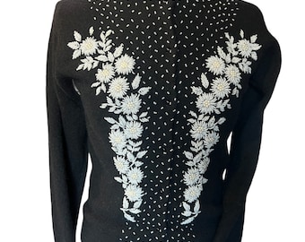 Vintage  1950s/60s  beaded cardigan black with white beading xs/s