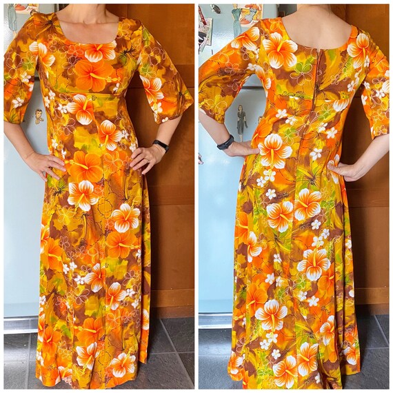 Vintage Ui Maikai barkcloth Hawaiian maxi dress