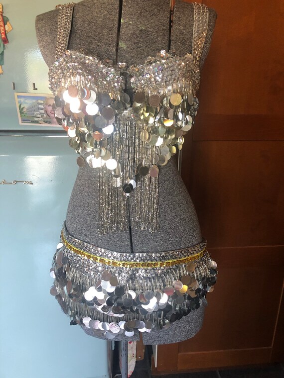 Vintage belly dance or burlesque costume silver