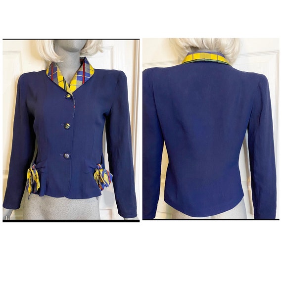 Vintage 1940s jacket blazer top navy blue with rai