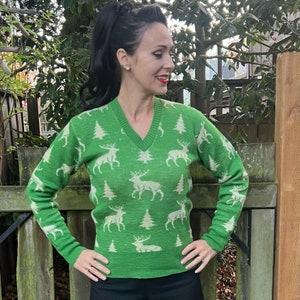 May include: A green sweater with a white reindeer and pine tree pattern. The sweater has a v-neck and long sleeves.