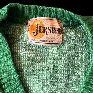 May include: A green and white knit sweater with a label that reads "Jersild 100% Virgin Wool".