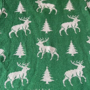 May include: Green knitted sweater with a white reindeer and pine tree pattern.