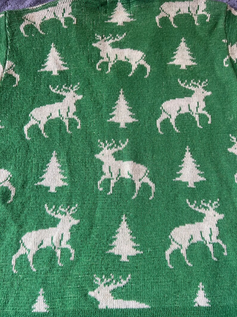 May include: Green knitted sweater with a white reindeer and pine tree pattern.