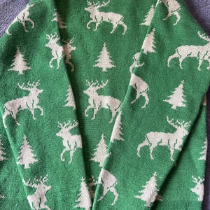 May include: Green knitted sweater with a white reindeer and pine tree pattern.