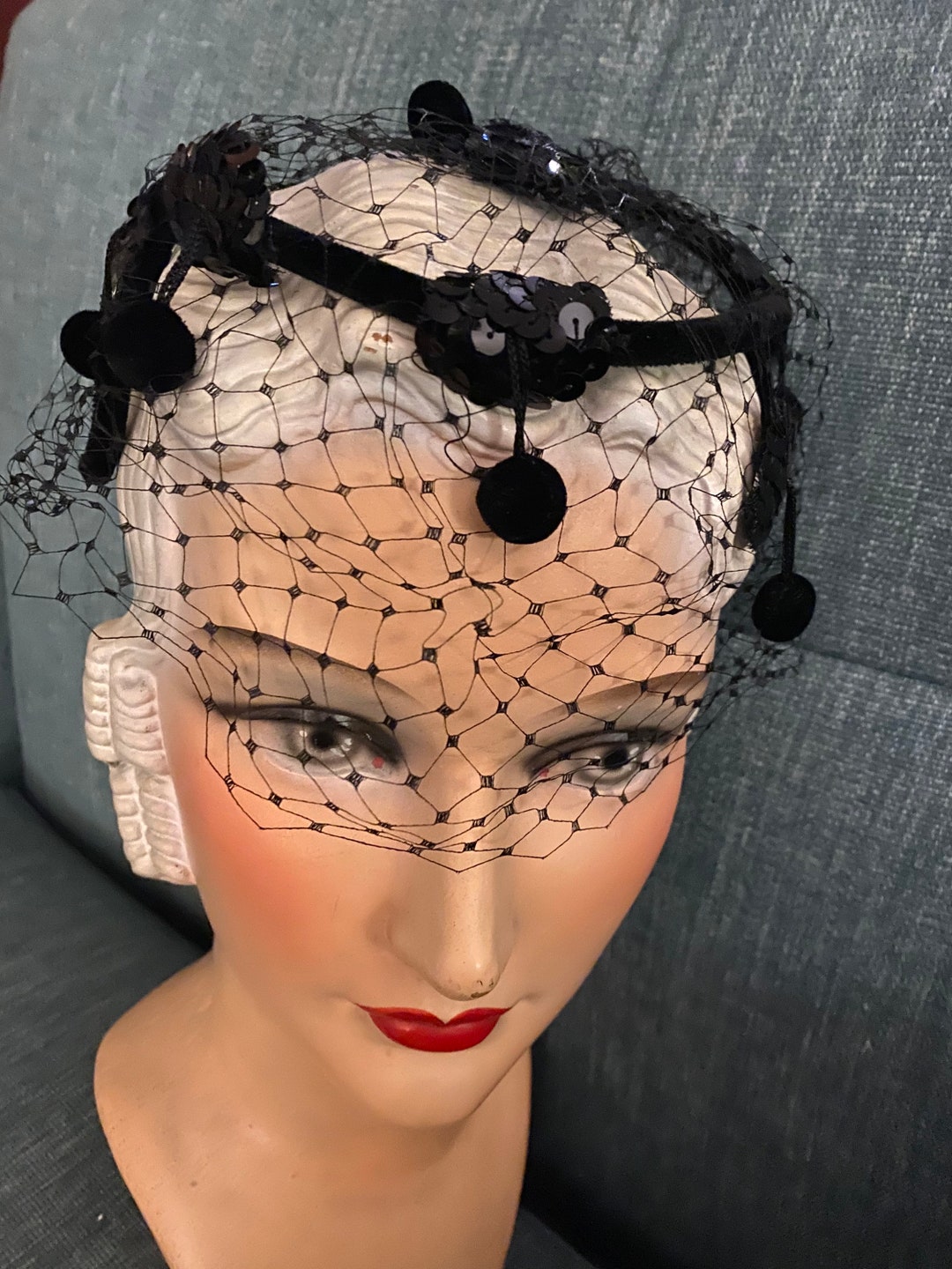 Vintage Black Fascinator Hat With Veil, Sequins and Pom Poms Etsy