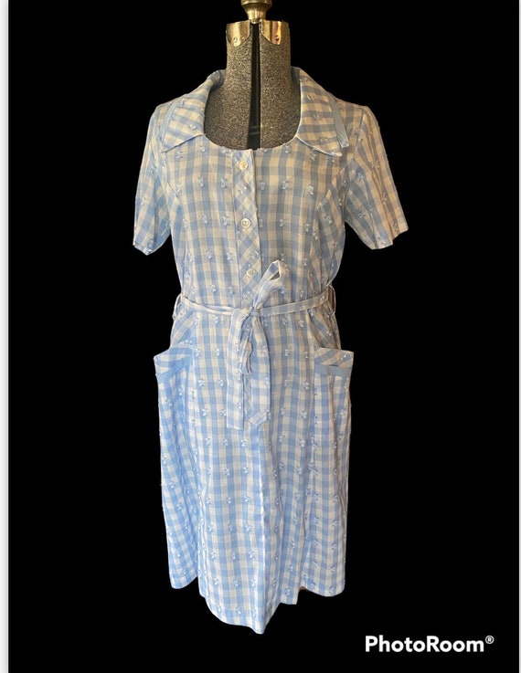 1940s/50s blue and white gingham house dress L - image 2