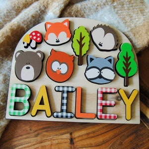 Woodland creature name puzzle gift for kids, Wooden Name puzzle, Personalized name puzzle, Montessori