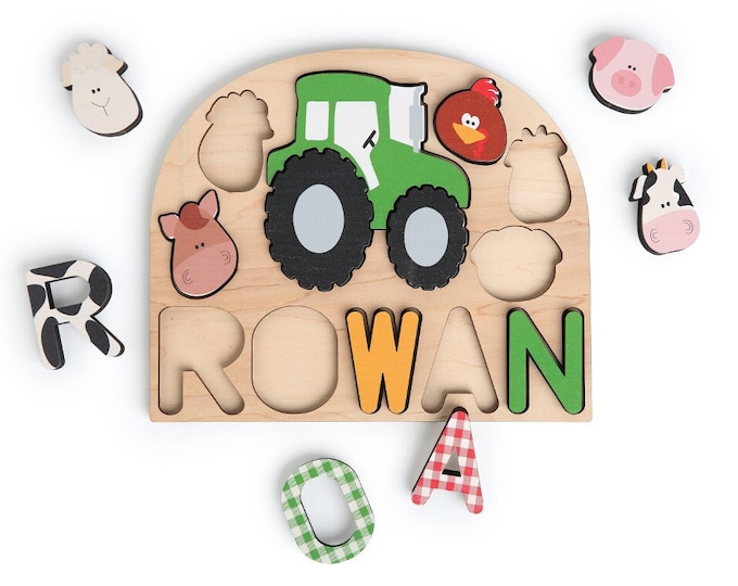 Tractor with farm animals name puzzle. Great for baby shower gift, birthday present or fun learning tool for kids