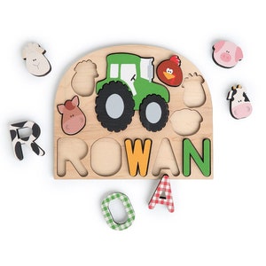 Tractor with farm animals name puzzle. Great for baby shower gift, birthday present or fun learning tool for kids