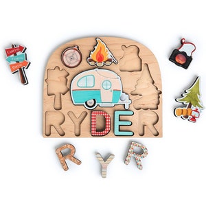 Happy Camper wooden name puzzle for toddlers/ Montessori wooden puzzle/ Gift for children/ Name puzzle