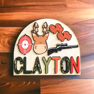 Deer hunting themed name puzzle for kids and toddlers. Gift idea for baby shower or birthday.