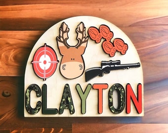Deer hunting themed name puzzle for kids and toddlers. Gift idea for baby shower or birthday.