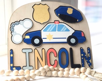 Police themed name puzzle for kids. Great baby shower gift, birthday present or learning tool for kids.