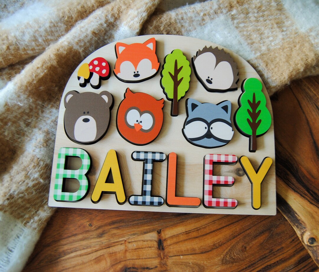Woodland Creature Name Puzzle Gift for Kids, Wooden Name Puzzle