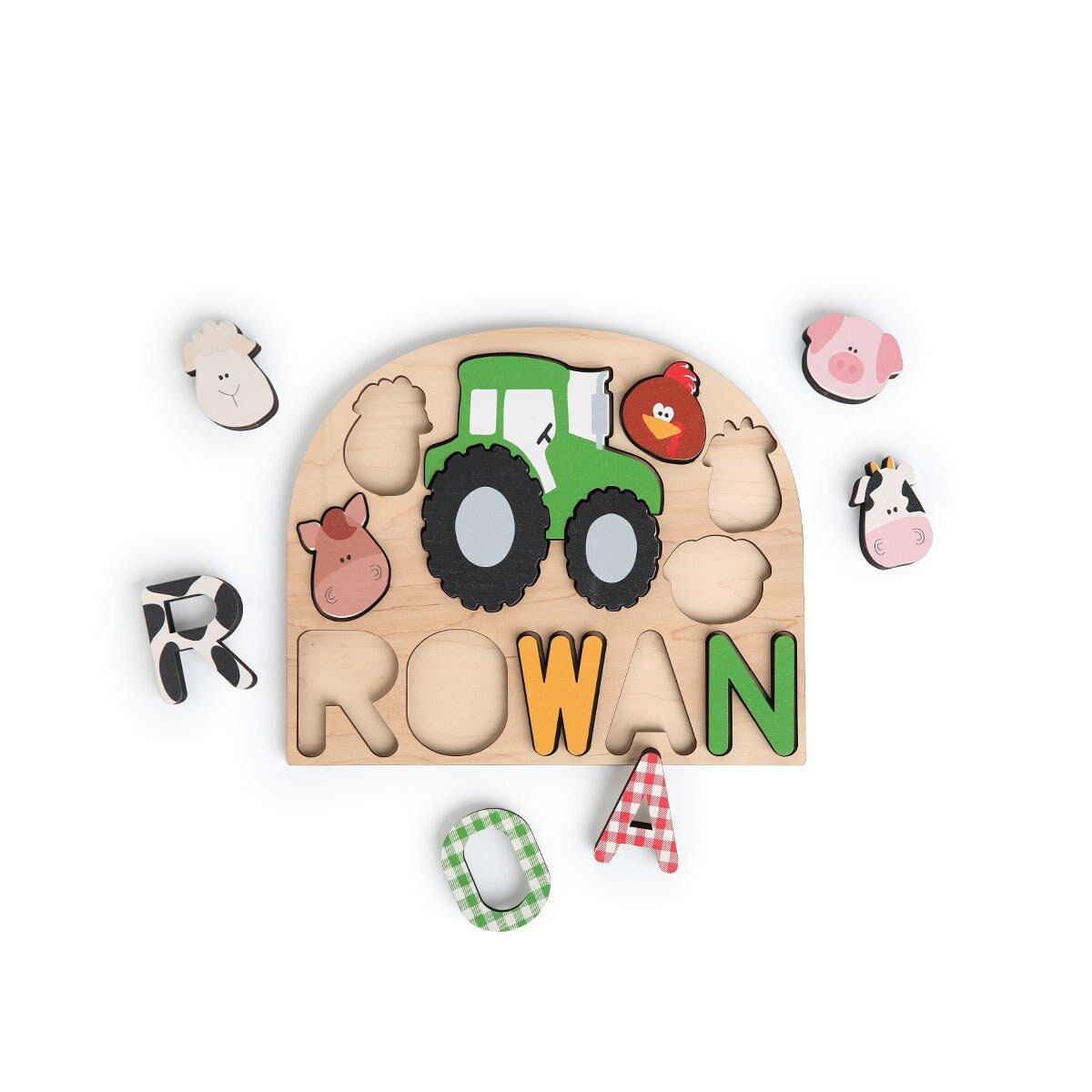 Tractor with farm animals name puzzle. Great for baby shower gift, birthday present or fun learning tool for kids