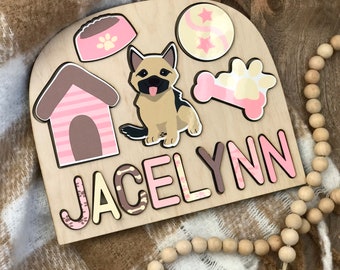 Puppy themed name puzzle for kids. Great gift for baby shower, birthday present, Christmas gift or learning tool.