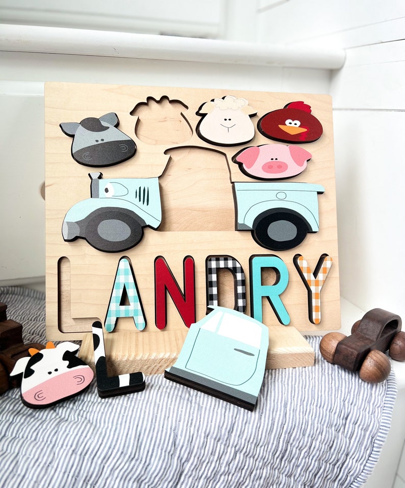 Light blue Truck and animal name puzzle gift for kids. Makes great Baby shower gift, birthday present or learning tool for toddler. 