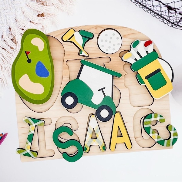 Personalized golf name puzzle green and gold, Wooden Name Puzzle, Personalized Name Puzzle, Baby shower gift, Toddler name puzzle