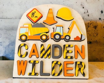 Construction theme themed name puzzle for kids. Great baby shower gift, birthday present and learning tool for kids