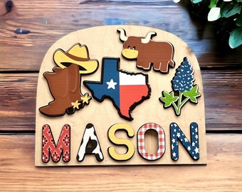 Texas themed puzzle, name puzzle for kids, themed name puzzle, personalized wooden name puzzle for kids