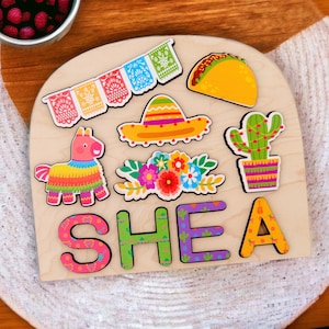 Fiesta themed name puzzle for kids. Taco party, First fiesta, Uno Birthday, baby shower gift