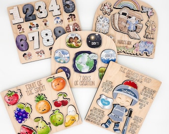 Bible Set of 5 Puzzles/ Christian gift for kids/ Montessori toys/ Wooden Bible puzzles/ educational puzzles/ Bible learning tools