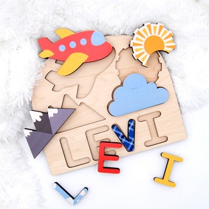 Airplane themed name puzzle for kids. Great gift idea for baby shower, birthday gift, and learning tool for kids.