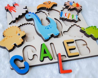 ROAR name puzzle for kids. Great baby shower gif, birthday present or learning tool|Dinosaurs| Wooden Name Puzzle | Personalized Gift