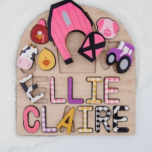 Pink farm name puzzle with barn animals, first year farm toy, Personalized puzzle, Wooden name puzzle, Farm girl, Farmhouse toy for toddlers