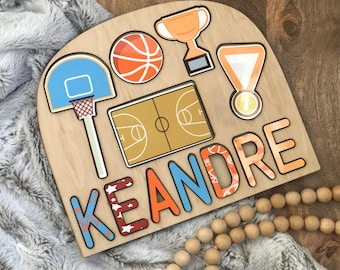 Basketball themed name puzzle for kids. Makes great baby shower gift, birthday present, Christmas gift or learning tool.