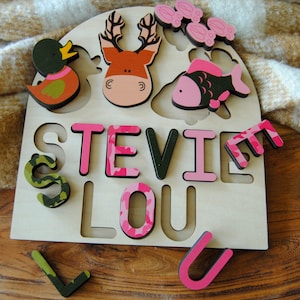 Pink sportsman name puzzle/ puzzle board for girls/ deer, fish and duck/Montessori wooden toy