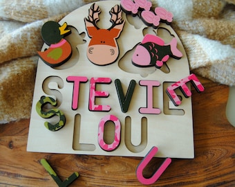 Pink sportsman name puzzle/ puzzle board for girls/ deer, fish and duck/Montessori wooden toy