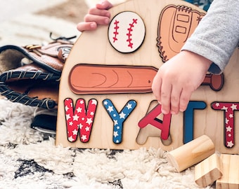 Baseball themed name puzzle, baby shower gift ,birthday for toddlers, baby puzzle baseball, personalized wooden puzzle, Wooden name puzzle
