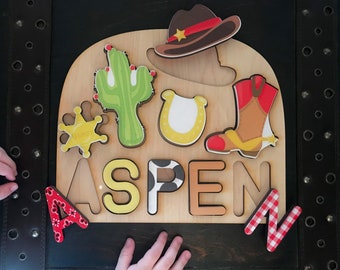 Cowboy themed name puzzle for kids/ personalized name puzzle/ gift for toddlers/ wooden name puzzle/ birthday gift/ baby shower gift