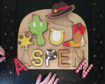 Cowboy themed name puzzle for kids/ personalized name puzzle/ gift for toddlers/ wooden name puzzle/ birthday gift/ baby shower gift