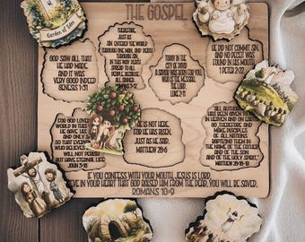 May include: Wooden Gospel-themed decorative set featuring a central wooden board with Bible verses and several illustrated cutouts. The cutouts depict scenes and figures from the Bible, including the Garden of Eden and Jesus.