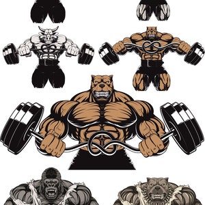 Athletic Animals body builders pattern for t-shirt printing - CDR PNG file - Digital file, CDR clip art Athletic Animals, digital download.