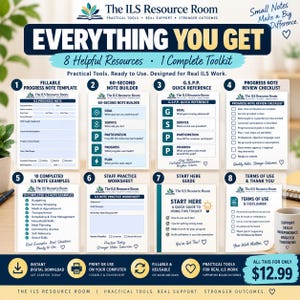 May include: A digital toolkit from The ILS Resource Room featuring eight printable resources including a progress note template, 60-second note builder, G.S.P.P. quick reference, progress note review checklist, note examples, practice worksheet, and guides.