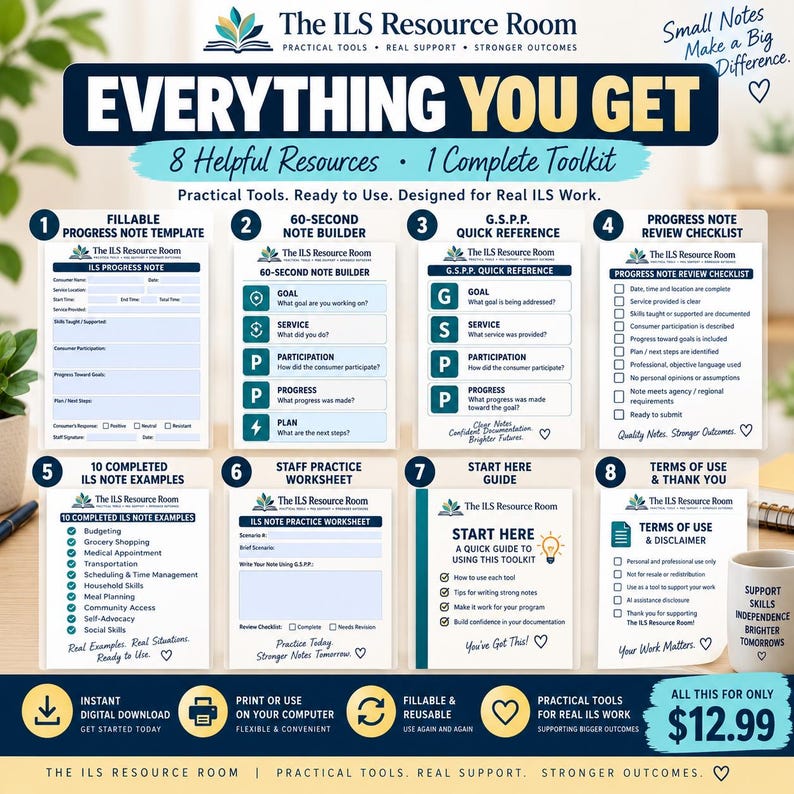 May include: A digital toolkit from The ILS Resource Room featuring eight printable resources including a progress note template, 60-second note builder, G.S.P.P. quick reference, progress note review checklist, note examples, practice worksheet, and guides.
