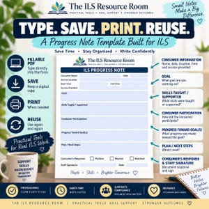 May include: A digital ILS progress note template featuring fields for consumer name, service location, goals, skills taught, participation, progress, and next steps. The document includes checkboxes for consumer response and a staff signature line.