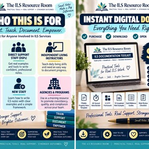 May include: A digital marketing flyer for The ILS Resource Room featuring a laptop displaying an ILS Documentation Toolkit. The graphic includes text about who the service is for, a price of $12.99, and icons for purchase, download, and open.