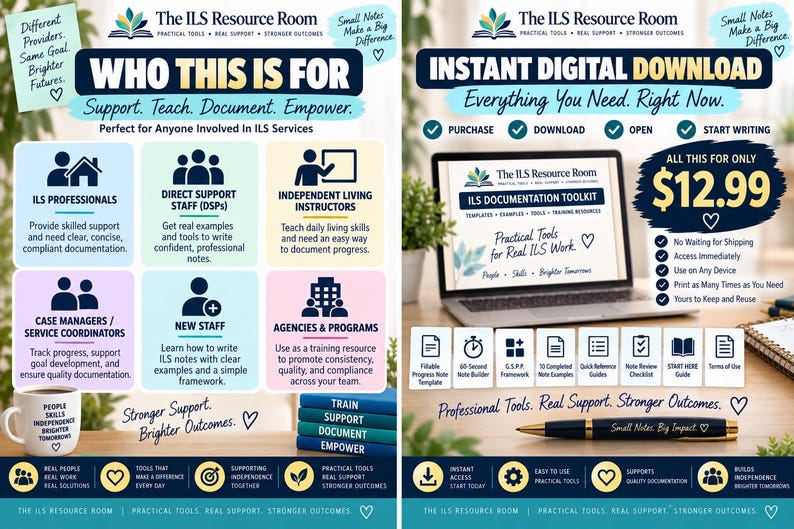 May include: A digital marketing flyer for The ILS Resource Room featuring a laptop displaying an ILS Documentation Toolkit. The graphic includes text about who the service is for, a price of $12.99, and icons for purchase, download, and open.