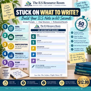 May include: A 60-second note builder document from The ILS Resource Room featuring five steps: Goal, Support, Participation, Progress, and Plan. The white sheet includes blue text and icons, surrounded by instructional notes, a timer, and a mug.