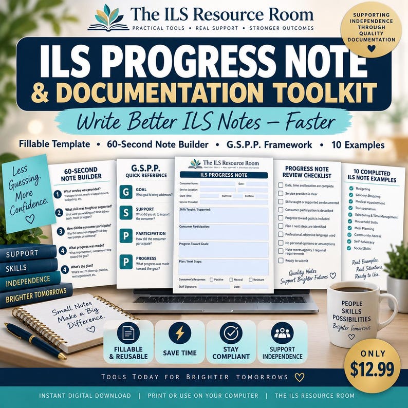 May include: The ILS Progress Note & Documentation Toolkit includes a fillable template, a 60-second note builder, a G.S.P.P. framework, and 10 examples. The digital resource features a progress note form, a review checklist, and a notebook.