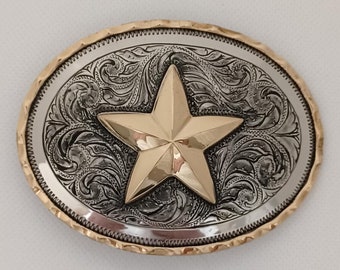 Custom crafted hand engraved antiqued trophy buckle with Texas Star