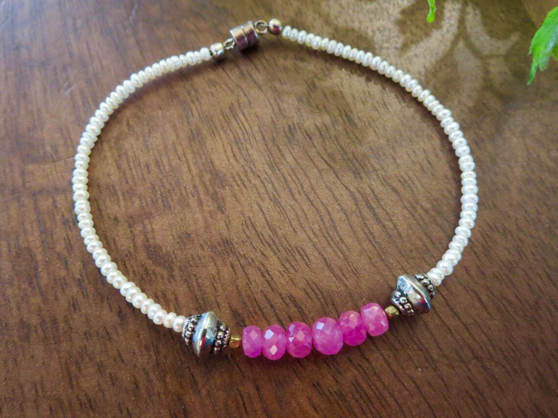 Beautiful Pink Sapphire and Pearl Bracelet with Gold-Filled | Etsy