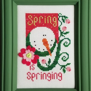 Spring is Springing by Val&#39;s Stuff (Kit includes 28 ct. Antique White Jobelan fabric, chart, wool felt, freezer paper and button.)