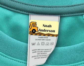 60 Clothing Tag Labels, Daycare Labels for Clothing, Personalized with your Name (Dump Truck Design)